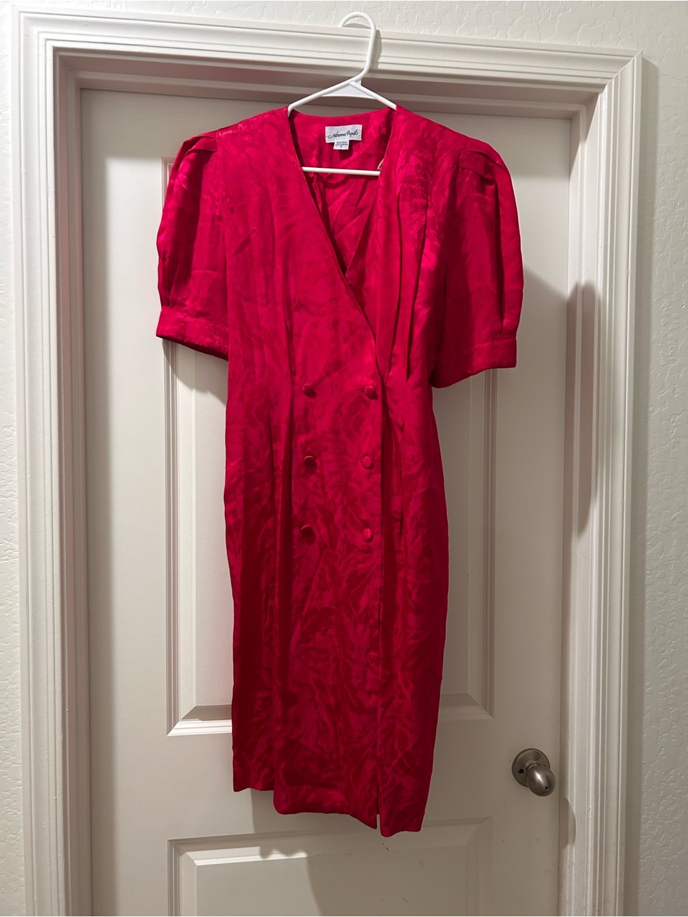 Vintage Adrianna Papell Fuchsia Jacquard Double-Breasted Midi Dress